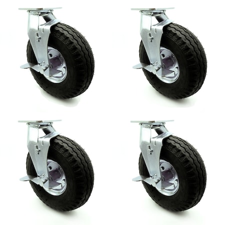 Service Caster 10 Inch Black Pneumatic Wheel Swivel Casters with Brakes Set SCC-100S3504-PNB-TLB-4
